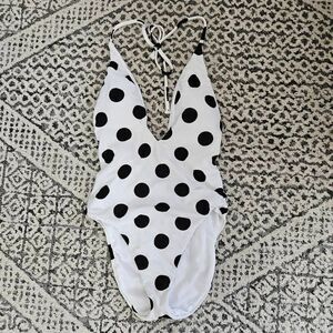 Bar III This and Dot White and Black Polka Dot Halter One-Piece Swimsuit Size Sm